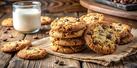 Wall Mural - Delicious oatmeal cookies with chocolate chips and nuts on a rustic wooden table