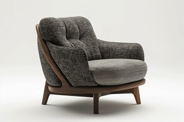 Poster - Modern armchair with textured upholstery and wooden frame standing on white background in minimalist interior