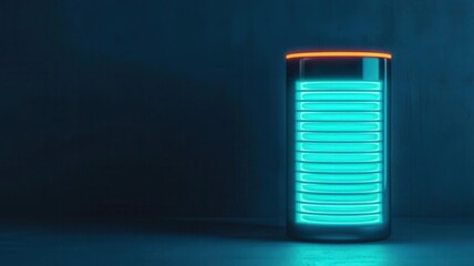 Battery icon at 100, glowing blue charge, modern futuristic look, 3D illustration