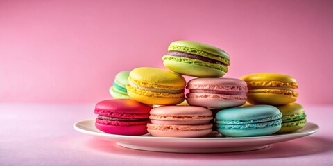 Close up shot of colorful French macaroons on a plate against a pink background, perfect for food photography and dessert lovers