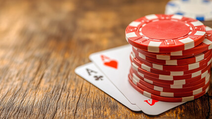 Poker game with cards and chips on a wooden table