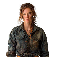 Portrait of a woman of European appearance isolated on a white or transparent background. Portrait of a young woman mechanic in dirty work clothes, Car repair and maintenance concept.