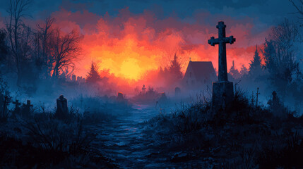 Wall Mural - A misty graveyard at sunset with a tall cross in the foreground and a church in the background.