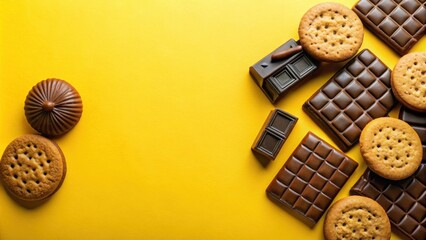 Wall Mural - Delicious fresh biscuits and dark chocolate on bright yellow background with empty space