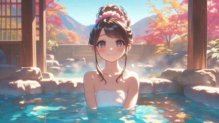 Wall Mural - 温泉に入るアニメ調の日本人美少女