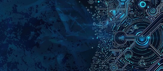 Abstract digital art with glowing blue and green circuit board and swirling background.