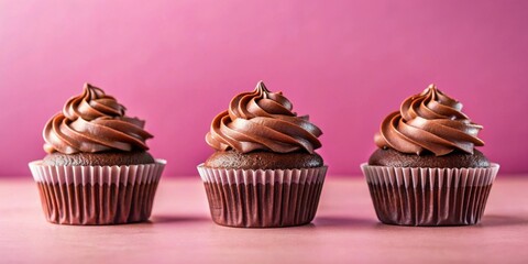 Wall Mural - Three mini chocolate cupcake muffins on pink background with ample copy space