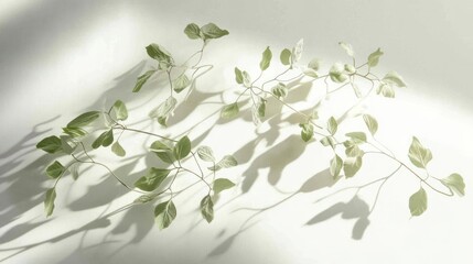 Wall Mural - Delicate Green Leaves Cast Shadows on a White Surface