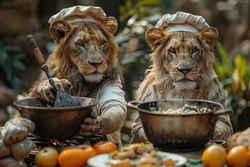 Two Lions Wearing Chef Hats Cooking In A Kitchen