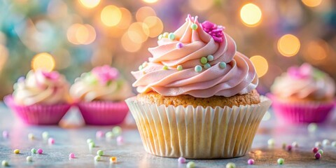 Wall Mural - Close up of an intricately decorated cupcake with soft focus background and copy space