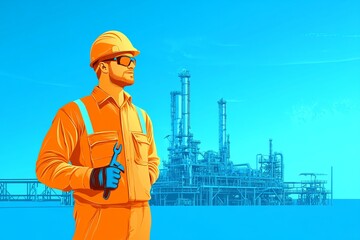 Wall Mural - A worker in an orange jumpsuit and hard hat stands in front of a large industrial plant. He holds a wrench in his hand.