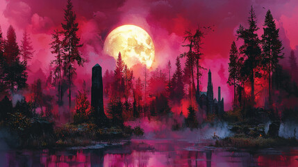 Wall Mural - An eerie, otherworldly scene with a full moon glowing in a pink sky above a misty forest.