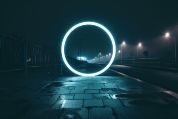 Poster - Mysterious glowing neon circle is standing on a foggy street at night, illuminating the wet pavement