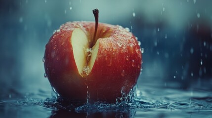 Wall Mural - A Red Apple Sliced in Half and Covered in Water Droplets