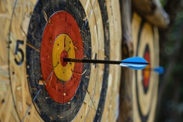 Canvas Print - Arrow is hitting the center of an archery target on a wooden background