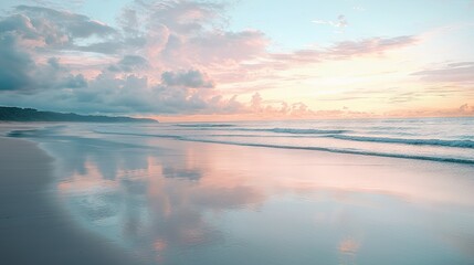 A tranquil beach coastline at sunrise, with soft pastel colors in the sky reflecting on the calm ocean water.