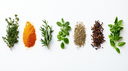 Wall Mural - Fresh Herbs and Spices Arranged in a Row on a White Background