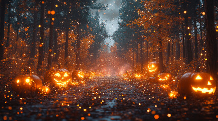 Wall Mural - Jack-o'-lanterns line a forest path glowing brightly.