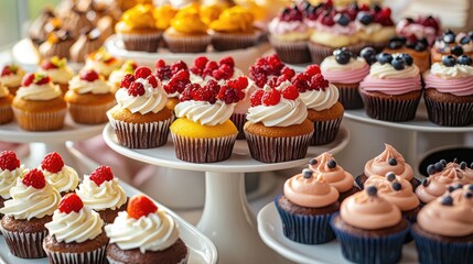 A variety of mini cakes and cupcakes on a dessert table, with different flavors, toppings, and vibrant colors displayed.