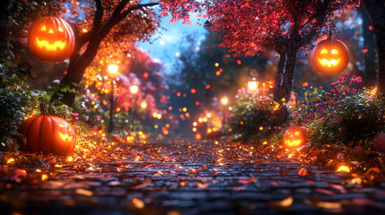 Canvas Print - A magical Halloween pathway lined with glowing pumpkins.