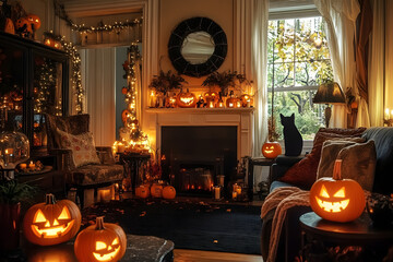 Warmly lit Halloween-themed living room with glowing jack-o'-lanterns, a black cat statue, candles, and festive decorations creating a cozy atmosphere. ai