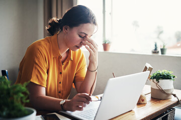 Aufkleber - Journalist, laptop and anxiety with eye strain for writing, blog or article in home office. Woman, headache and stress for remote work, planning or research for copywriting freelance career in house