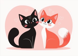 A delightful illustration showcasing a black cat and a red cat in a loving pose with heart shapes and a pink backdrop, expressing warmth and affection