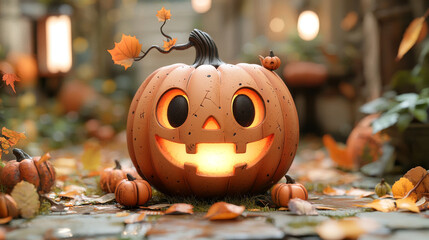 Wall Mural - A jack-o'-lantern with a friendly smile sits amongst fallen leaves, glowing warmly.