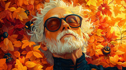 Wall Mural - A man with a white beard and long white hair naps in a bed of autumn leaves.