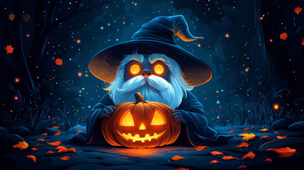 Canvas Print - A whimsical wizard holds a glowing jack-o-lantern in a dark forest.