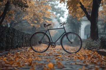 Canvas Print - vintage bicycle on autumn path. a black bicycle rests on a path strewn with fall leaves, perfect for