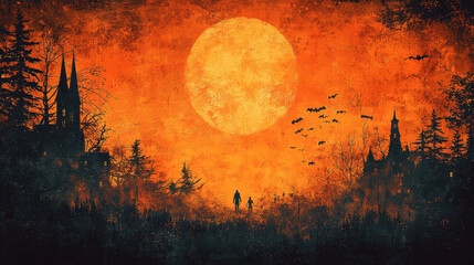 Wall Mural - Two figures walk towards a spooky castle with a full moon in the sky.