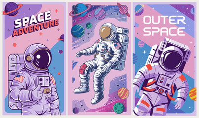 Astronaut in space retro Posters, backgrounds, covers vector set. Space and the universe concept. Cosmonaut in spacesuit flying in galaxy with stars and planets vintage style illustrations.