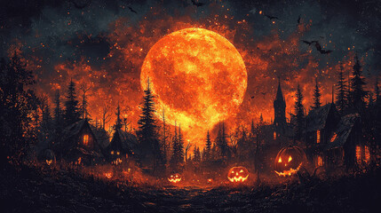 Canvas Print - Spooky Halloween night with a full moon.