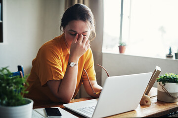 Aufkleber - Woman, laptop and stress with eye strain for writing, blog or article in home office. Journalist, headache and anxiety for remote work, planning or research for copywriting freelance career in house