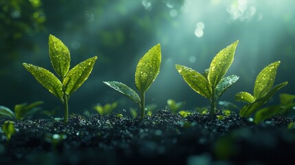 creating a concept of growth, progress and upward mobility. Tender green seedlings emerge from fertile soil, basking in warm sunlight, showing off early spring growth in a vibrant garden setting.