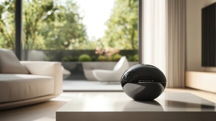 Wall Mural - Black Sphere Speaker on a White Table in a Modern Living Room