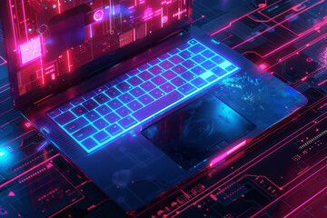 Modern laptop showing holographic code in abstract cyberspace