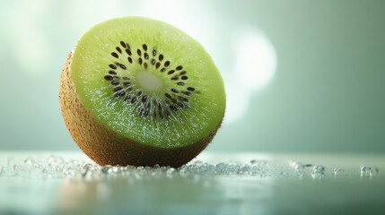 Wall Mural - A Single Slice of Kiwi with Fuzzy Skin on a Shiny Green Surface