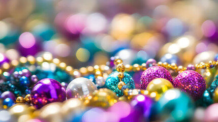 A close-up image of traditional mardi gras beads in vibrant colors creating a festive and cheerful atmosphere