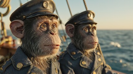 Two Chimpanzees in Nautical Attire on a Ship Deck