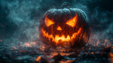 Canvas Print - A glowing jack-o'-lantern sits in a field of embers, smoke swirling around it.