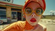 © DayDay Studio - Vibrant Stylish Model Wearing Oversized Yellow Glasses Bold Orange Outfit Vintage Gas Station Background. AI Generated