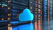 © AlgoCreative - A modern cloud symbol against a backdrop of illuminated server racks, showcasing digital technology and data storage.
