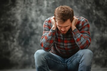 A young man sits in a moment of despair, covering his ears while battling overwhelming emotions His pained expression reflects the weight of stress and anxiety he feels