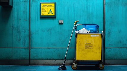 A cleaning cart with a yellow sign on it. The sign warns that the cart is not for use by children . generative ai