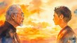 © ST22Studio - Cross-Cultural Mentorship: Elderly Asian Man Guiding Younger Multicultural Man in Mental Wellness Reflection by the Sunset