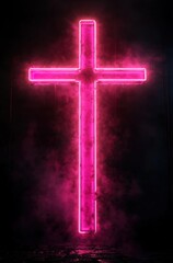 Wall Mural - 
Neon pink cross on a black background

