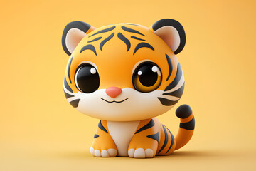 Cute cartoon tiger cub with big eyes sitting on a yellow background.