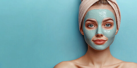 Wall Mural - Beautiful young woman with a cosmetic mask on her face on a blue background